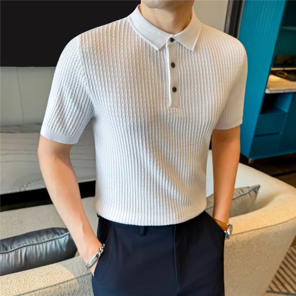 Man wearing a white slim-fit knit polo with buttoned collar