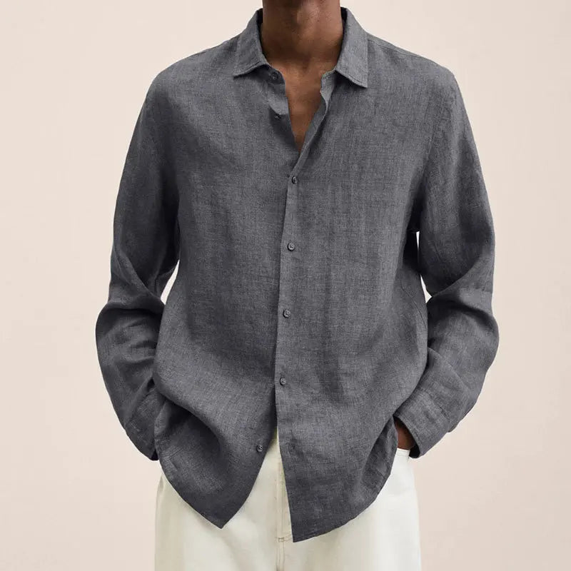 Man wearing a charcoal-gray relaxed long-sleeve shirt