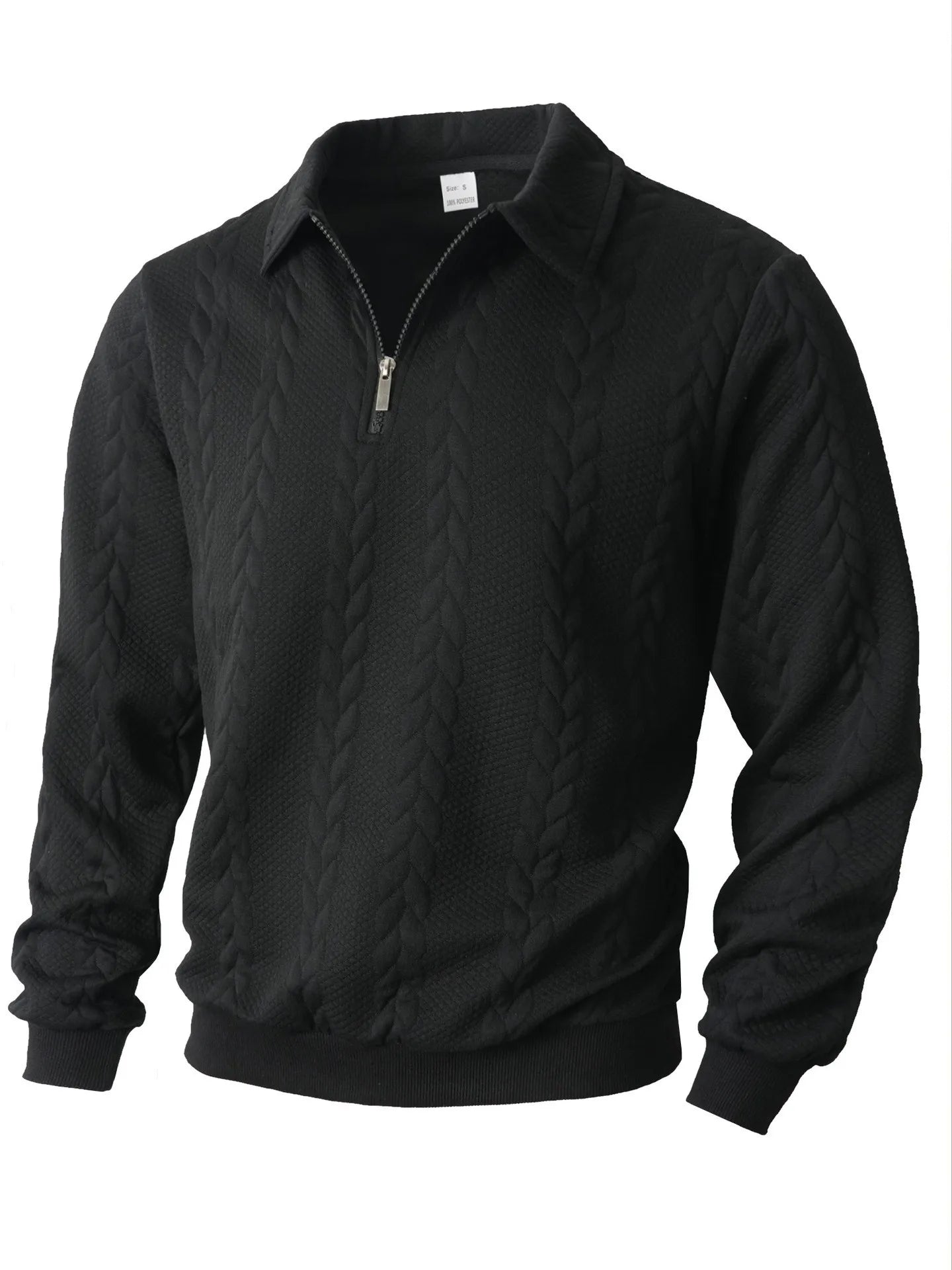 Black quarter-zip sweater with a subtle jacquard front