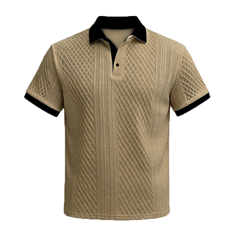 Khaki jacquard polo with black contrast collar and cuffs