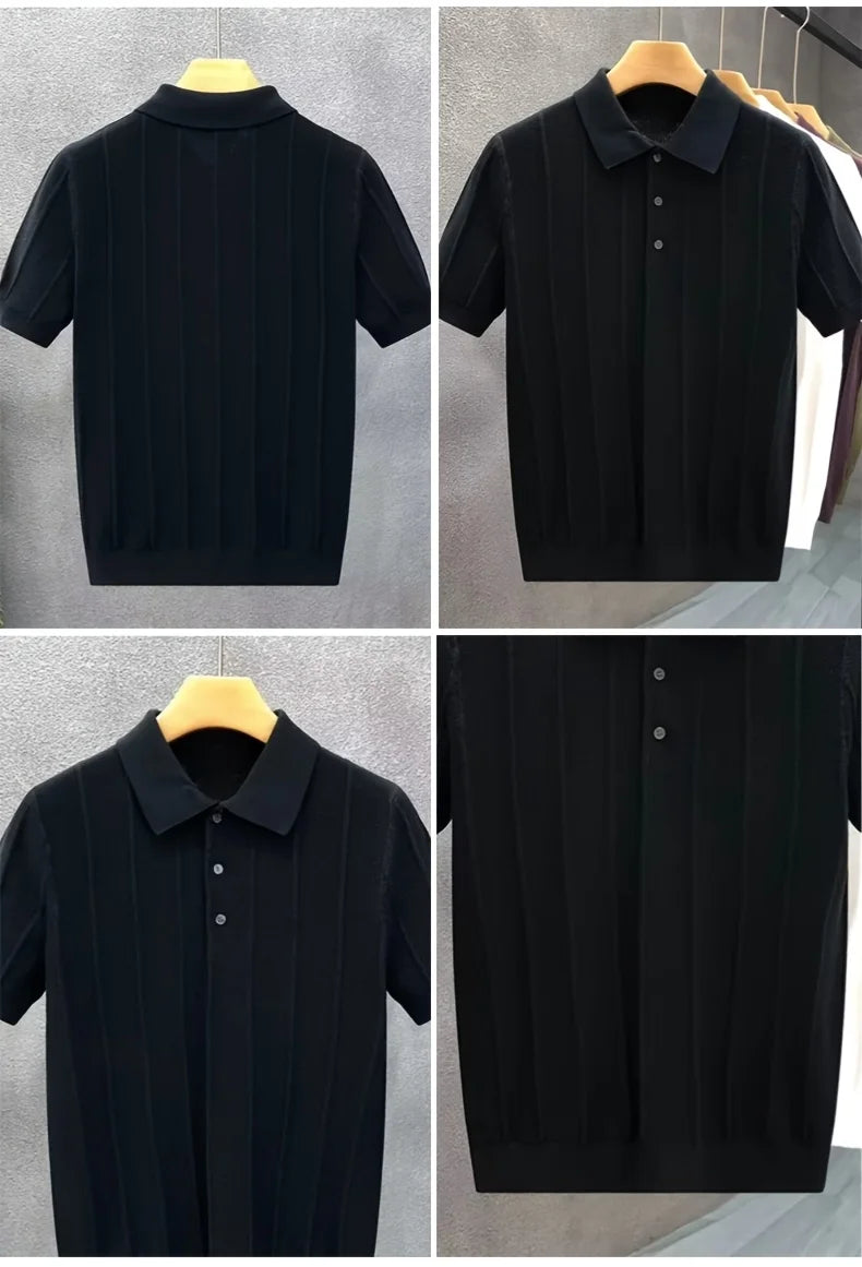 Collage showing front, back and detail views of the black knit polo