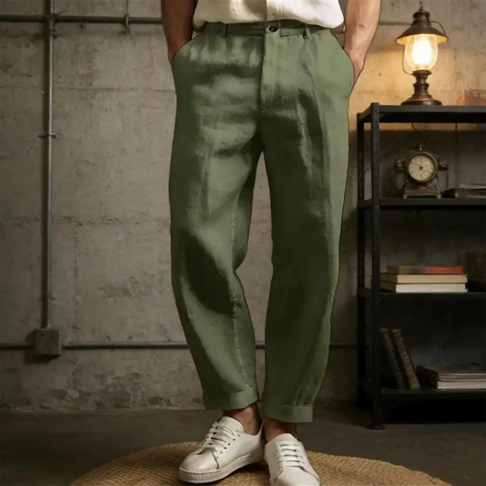 Man wearing olive-green cropped trousers