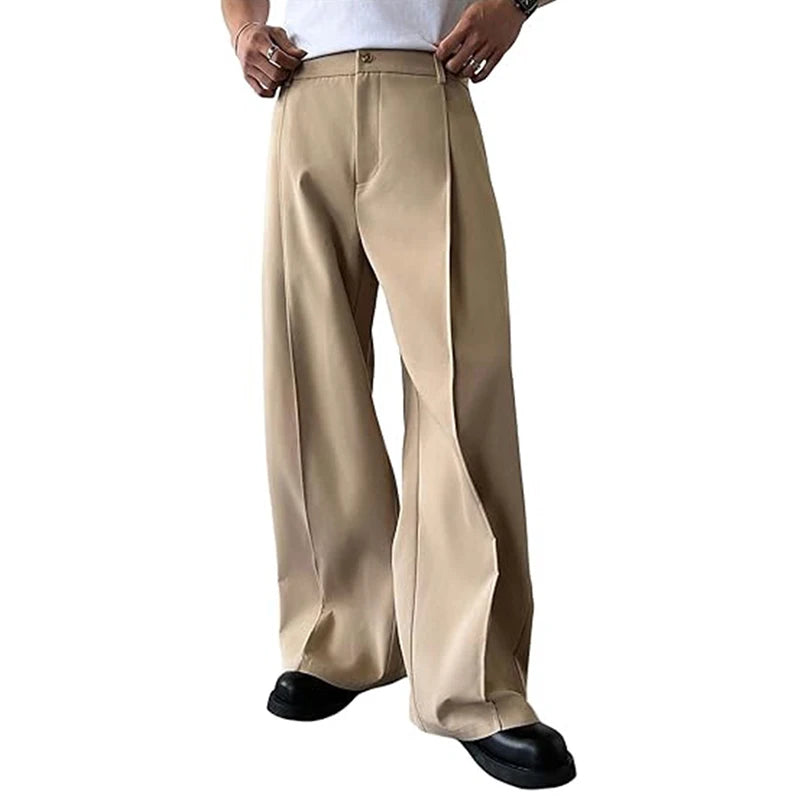 Khaki pleated straight-leg trousers on a plain background
