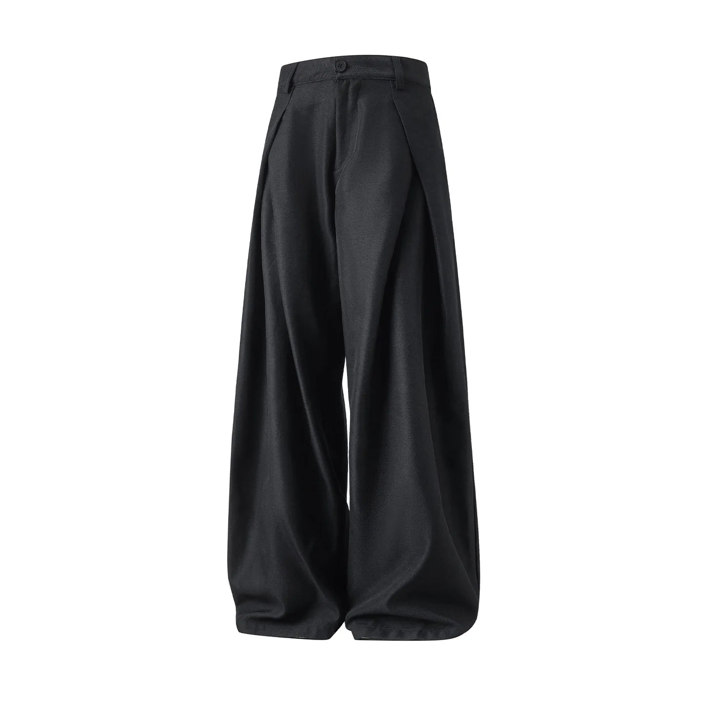 Black relaxed straight-leg trousers on a plain background