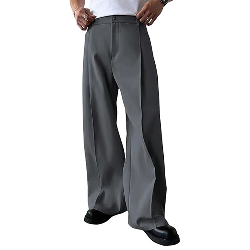 Gray pleated straight-leg trousers on a plain background