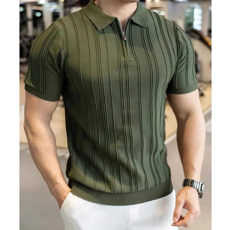 Man wearing a green jacquard zip polo with vertical texture