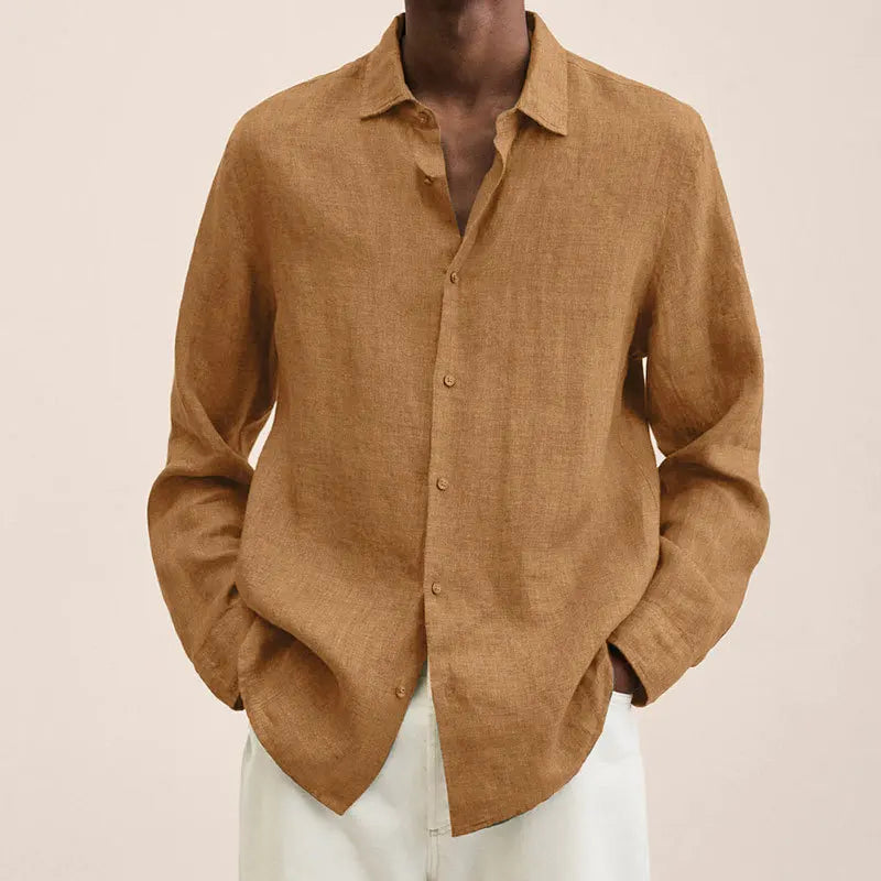 Man wearing an orange relaxed long-sleeve shirt