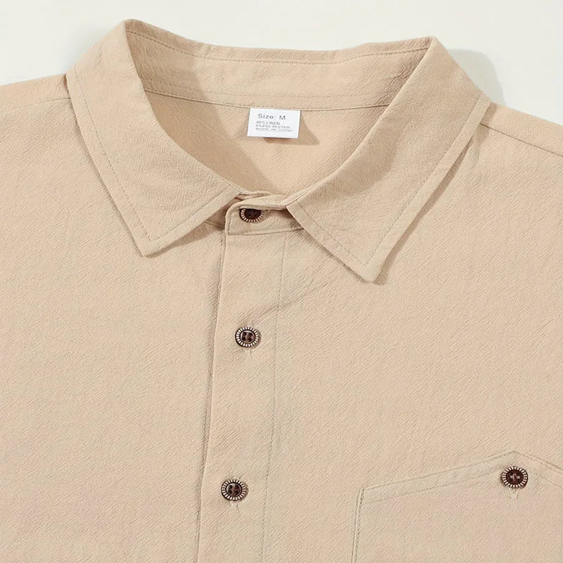 Close-up of the beige collar, buttons and angled chest pocket