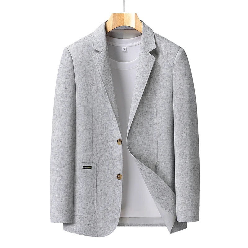 Light-gray lightweight blazer displayed on a wooden hanger