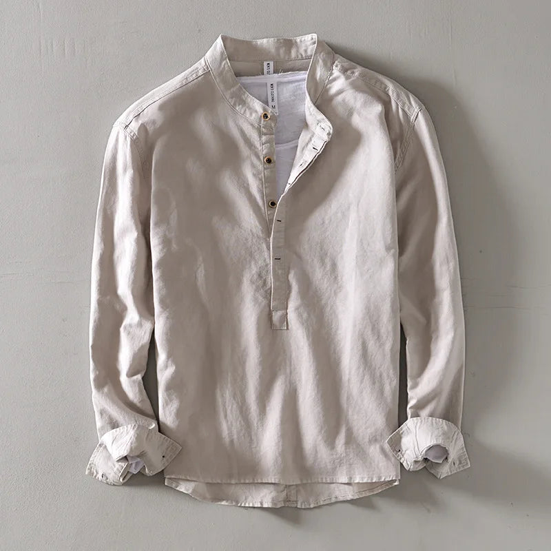 Gray Mandarin-collar linen shirt with long sleeves