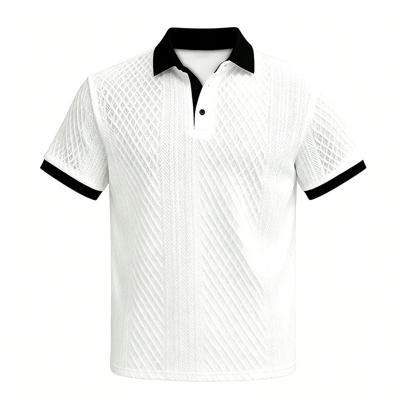 White jacquard polo with black collar and sleeve trim