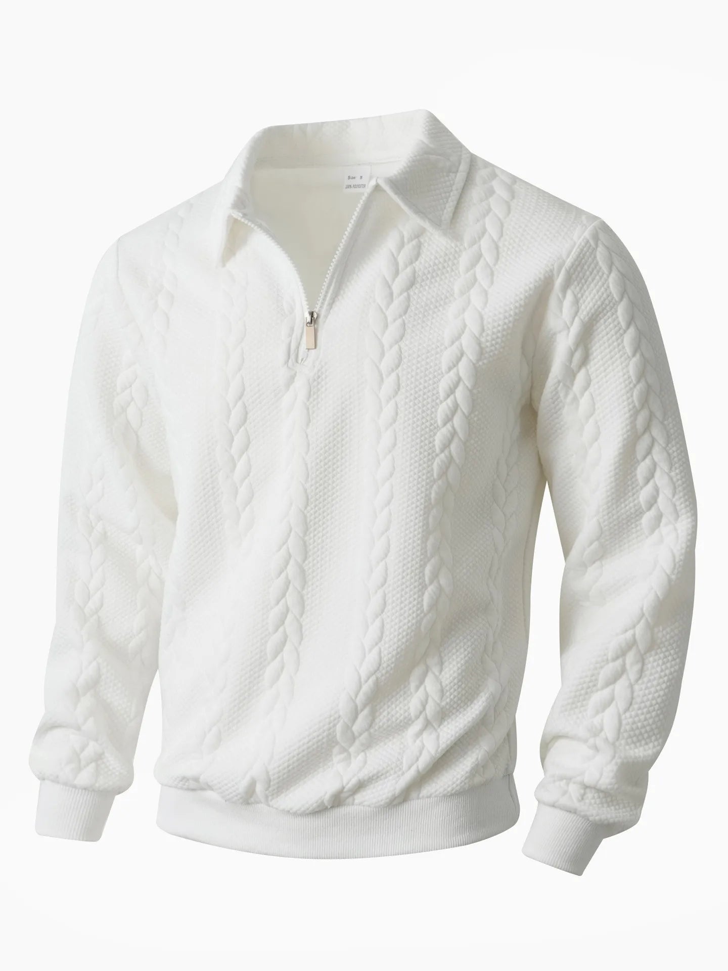White jacquard quarter-zip sweater on a plain background