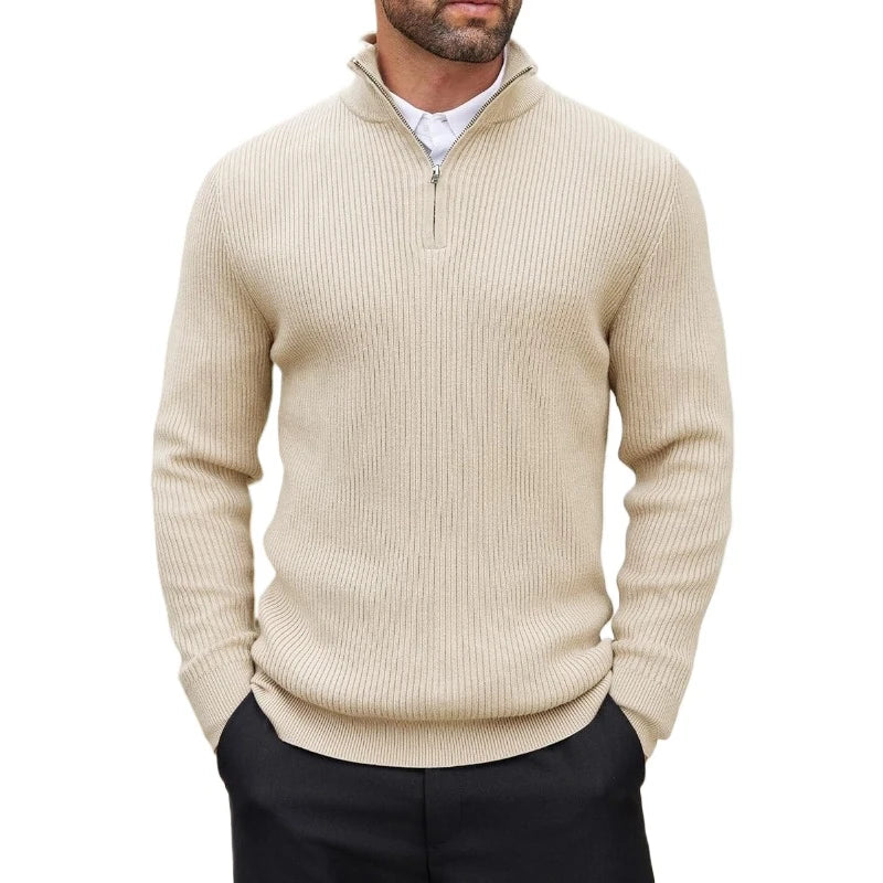 Man wearing a beige ribbed quarter-zip sweater