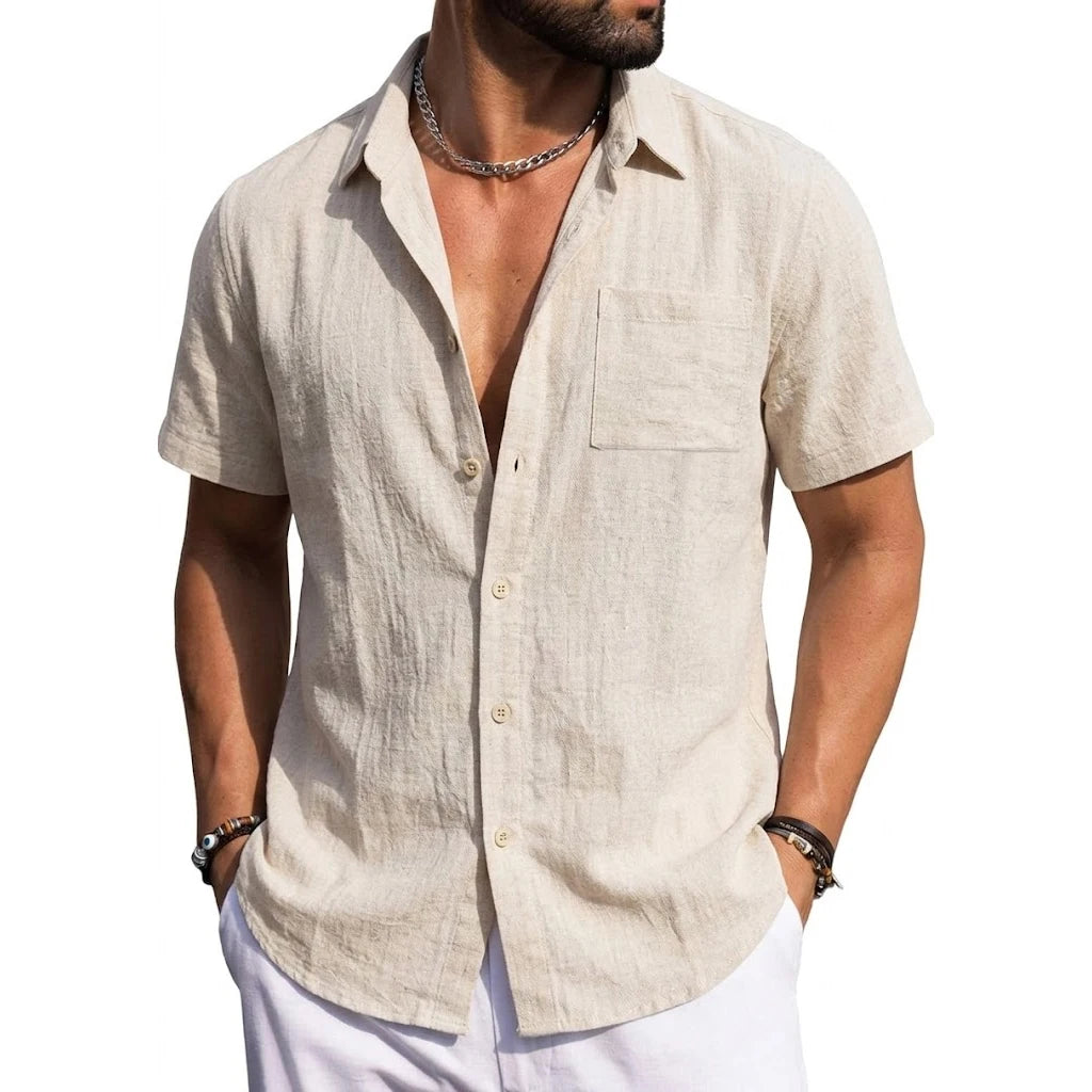 Man wearing a khaki short-sleeve button-front shirt