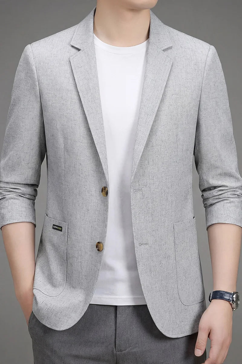 Man wearing a light-gray two-button summer blazer