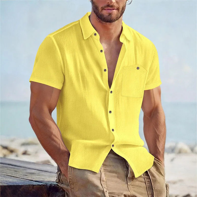 Man wearing a yellow linen-blend short-sleeve shirt