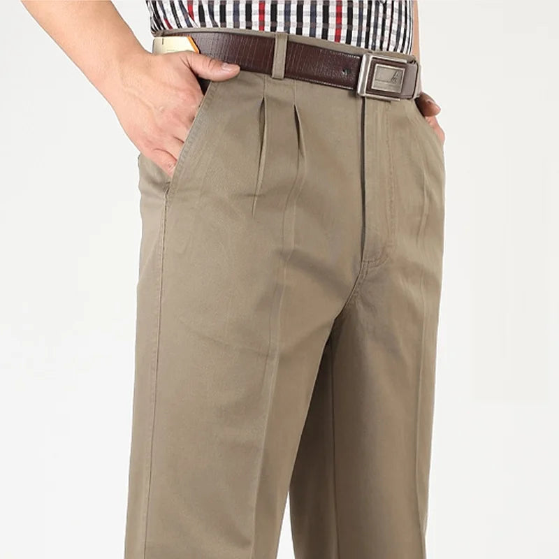 Close-up of khaki double pleats and side pocket