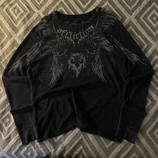 American New Retro Trend Printed Long Sleeve 90s Street Hip - Hop Harajuku T-shirt Men Fashion Gothic Casual Pure Cotton Loose Top - kuvexa